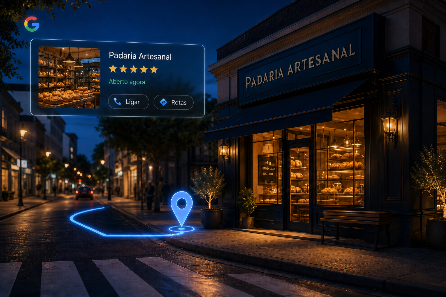 Comércio local encontrado no Google com rota, localização, avaliações e ações de contato