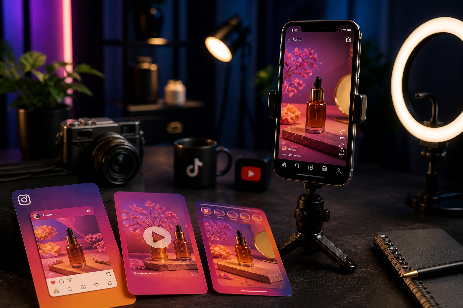 Estúdio de criação de conteúdo com celular gravando vídeo, câmera, iluminação e peças para redes sociais