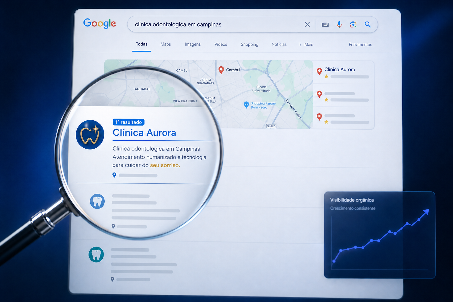 Busca do Google com uma empresa local na primeira posição destacada por uma lupa