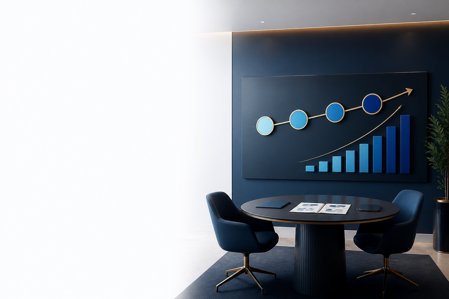 Sala de reunião executiva com painel de crescimento comercial