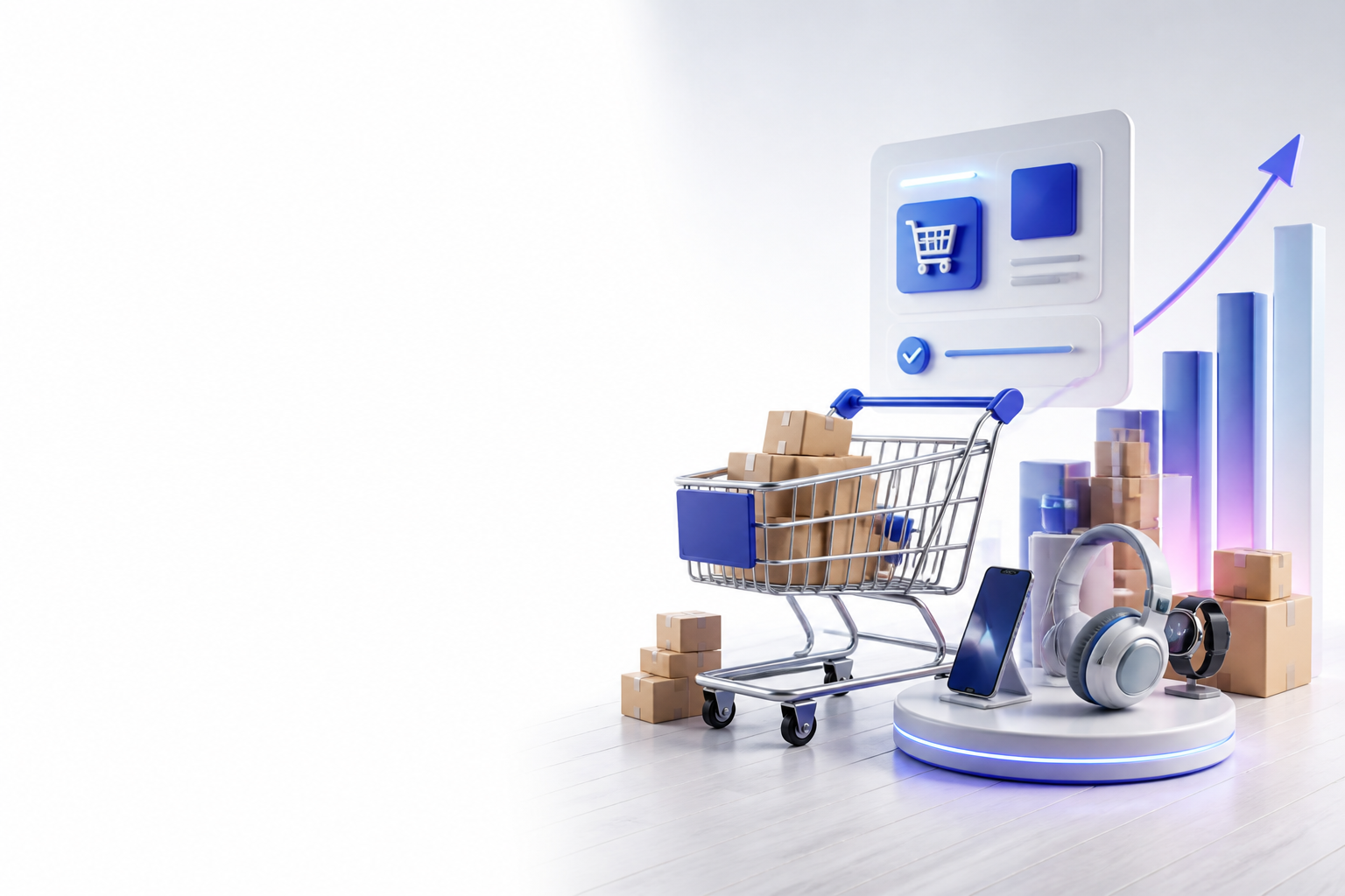 Carrinho, produtos, embalagens e gráfico representando uma operação de comércio eletrônico