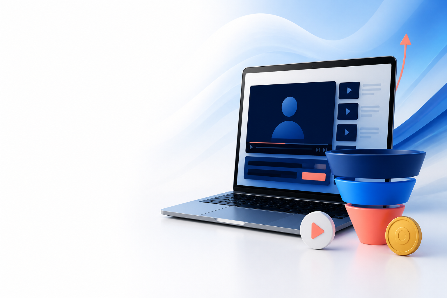Notebook com conteúdo em vídeo e funil visual representando uma operação de infoprodutos