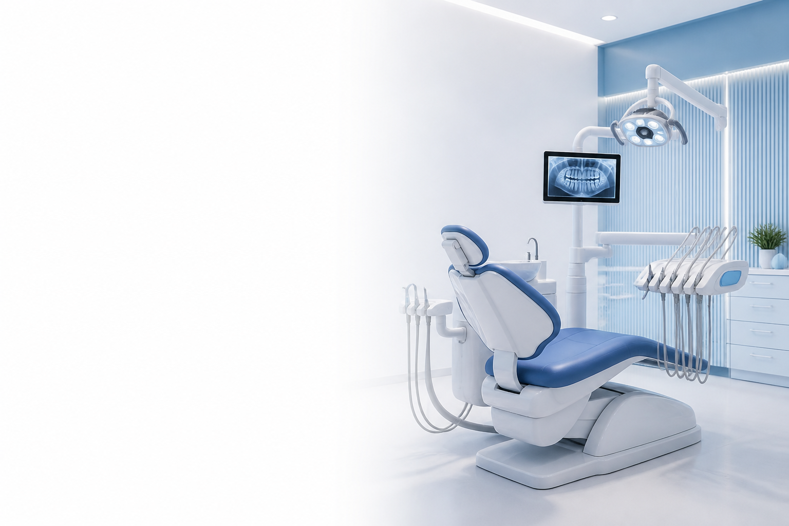 Consultório odontológico moderno com cadeira e equipamentos de atendimento